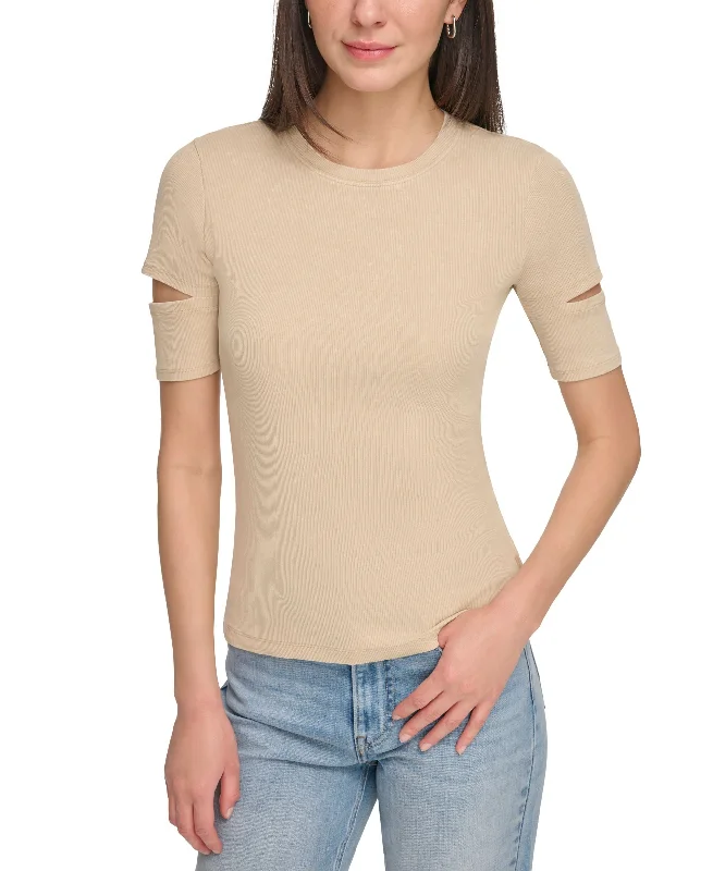 Women's Cutout Short-Sleeve Rib-Knit Top Metallic Knit Tee