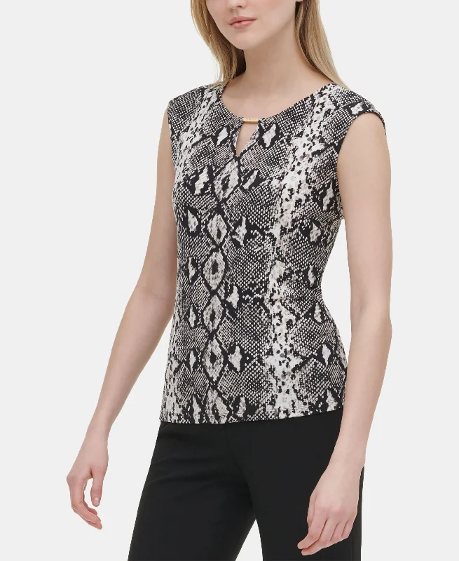 Calvin Klein Snake Print Knit Top Pure White Knit Blouse