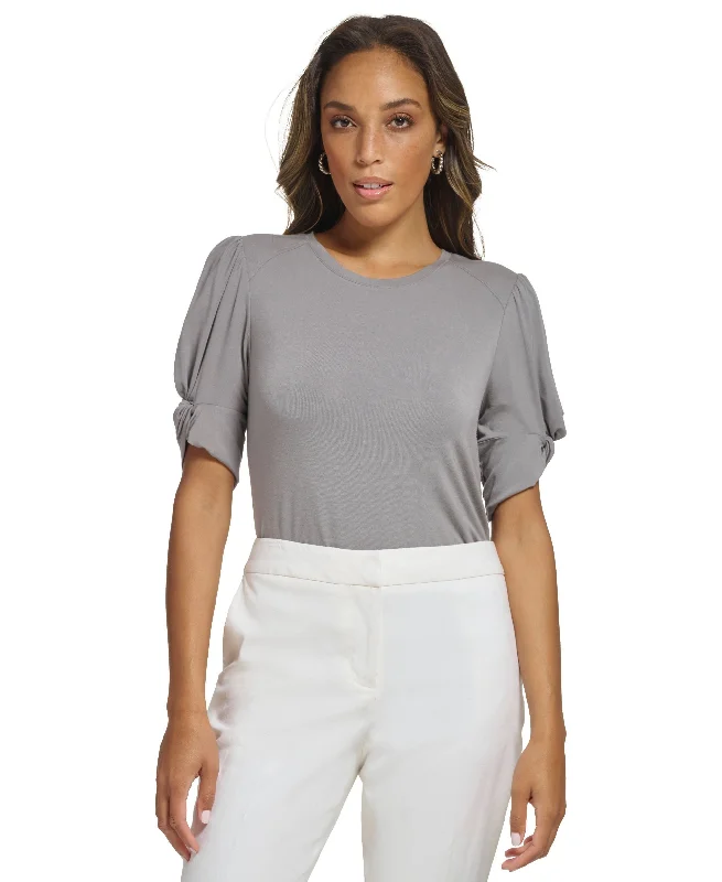 Women's Twist Sleeve Knit Top Jet Black Knit Tee
