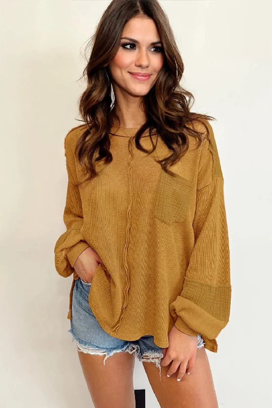 Bubble Sleeve Waffle Knit Top - Mustard Classic Knit Tee