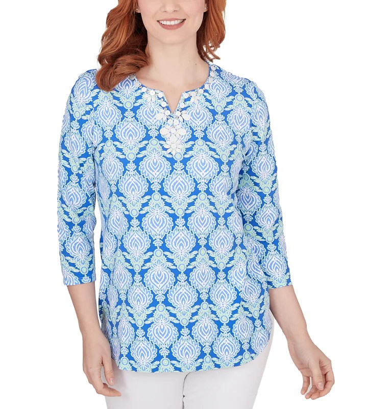 Ruby Rd. Womens Embellished Foulard Print Split Round Neck 3/4 Sleeve Knit Top Turquoise Knit Top