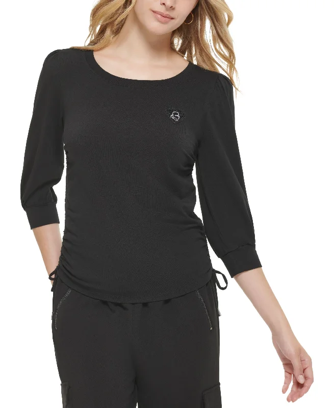 Karl Lagerfeld Paris Womens Side Drawstring Knit Top Patterned Knit Tee