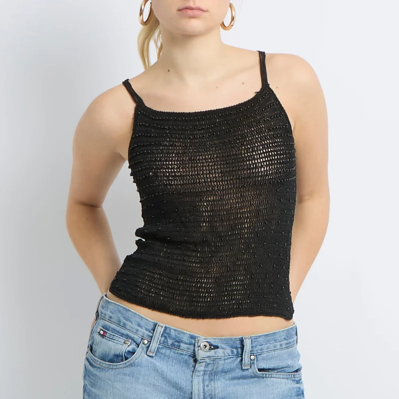 Beaded Detail Crochet Knit Top - UK 8 Beige Knit Top