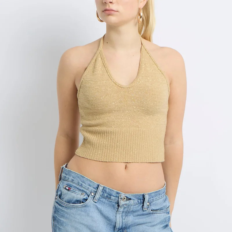 Halter Neck Sparkly Knit Top - UK 8 Textured Knit Blouse