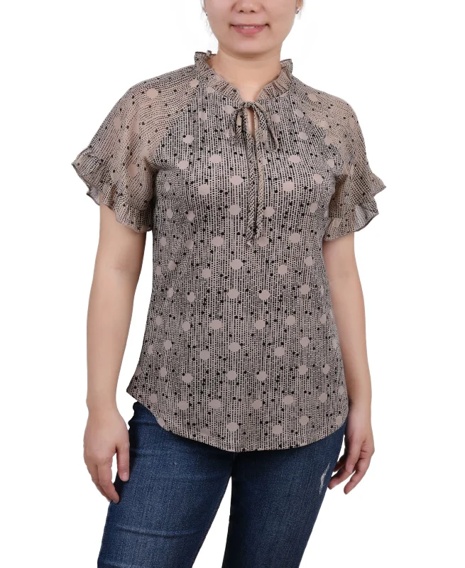 NY Collection Petite Chiffon Short Ruffled Sleeve Crepe Knit Top Asymmetrical Knit Blouse