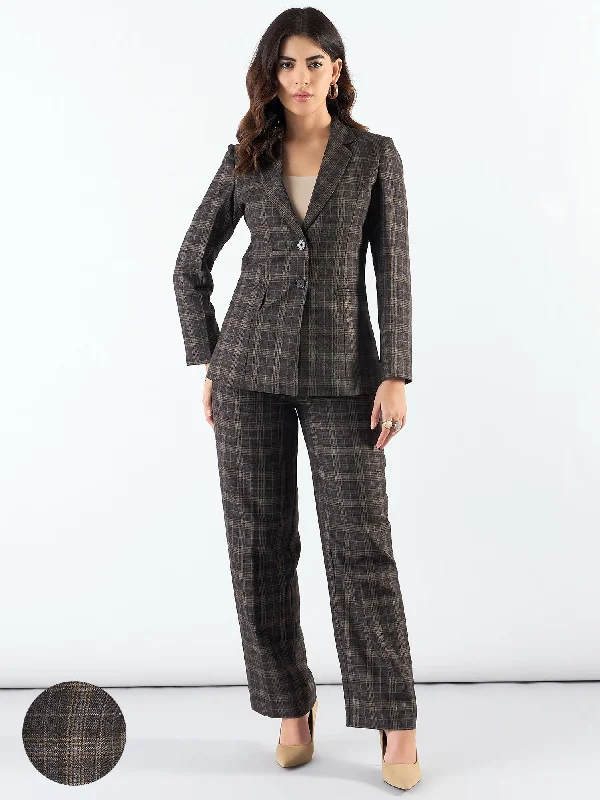 Brown Notched Lapel Tailored Fit Long Warm Checkered Blazer Paired With Trouser Women's Custom Jacket