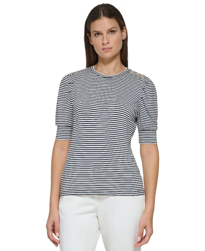 Women's Striped Puff-Sleeve Knit Top Emerald Green Knit Top