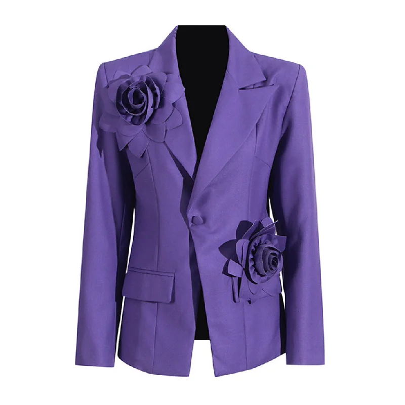 Artsy Rosette Embellished Lapel Shoulder Pad Long Sleeve One Button Blazer Women's Vintage Jacket