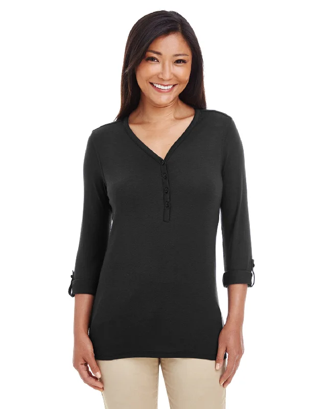 Devon & Jones DP186W Ladies' Perfect Fit Y-Placket Convertible Sleeve Knit Top Ribbed Knit Shirt