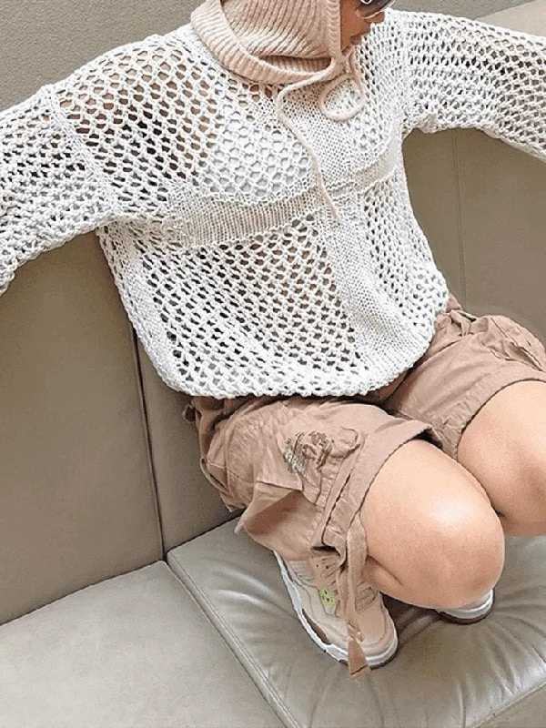 Cross Pattern Crochet Hollow Long Sleeve Knit Top Trendy Knit Top