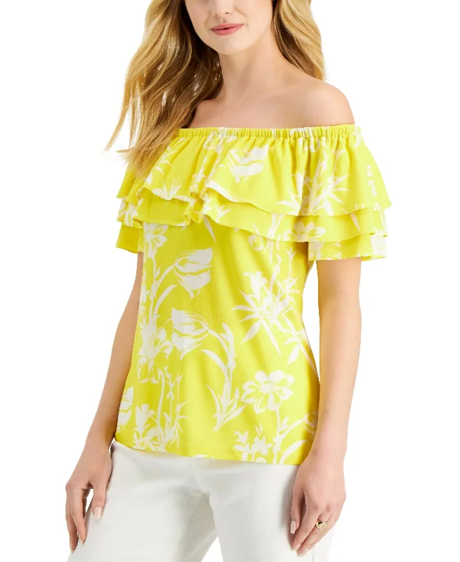 Charter Club Womens Printed Off The Shoulder Ruffled Knit Top V Neck Knit Shirt