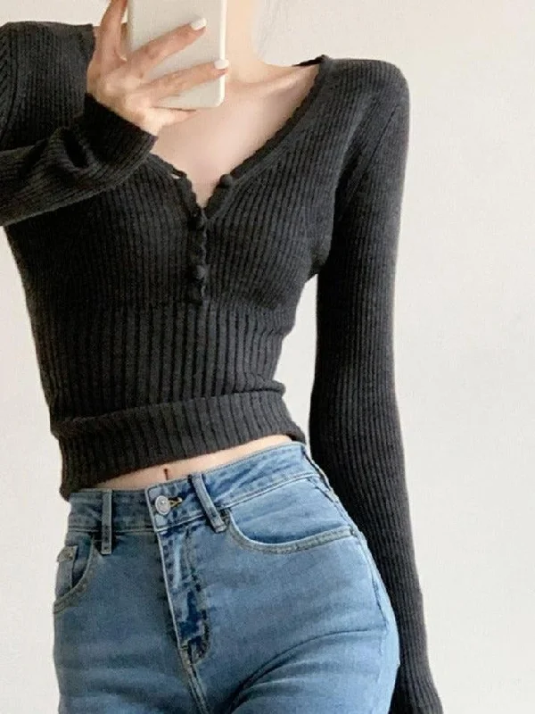 V Neck Button Up Ribbed Knit Top Exclusive Knit Top