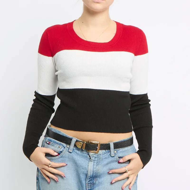 Three Tone Stripe Knit Top - UK 10 One Shoulder Knit Shirt