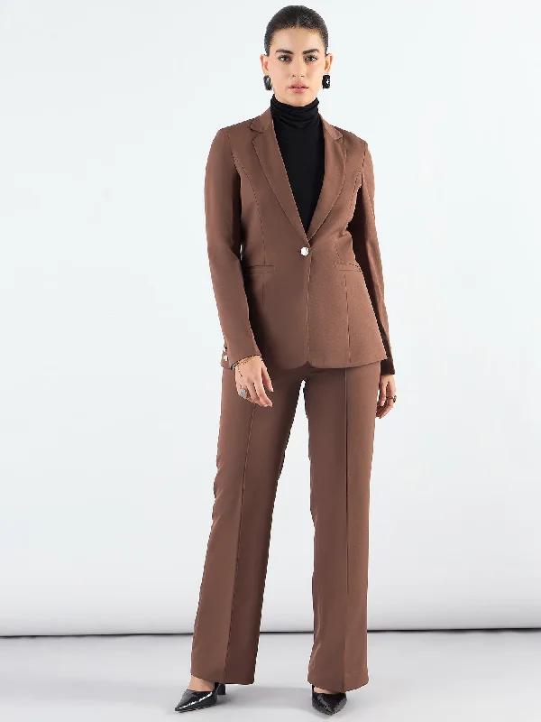 Brown Notched Lapel Blazer With High-Waist Trouser In Stretchable Fabric Women's Classic Blazer