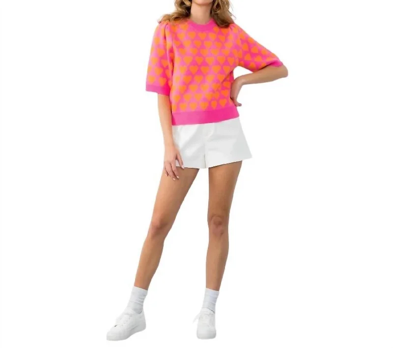 Short Sleeve Heart Knit Top In Pink Cream Knit Top