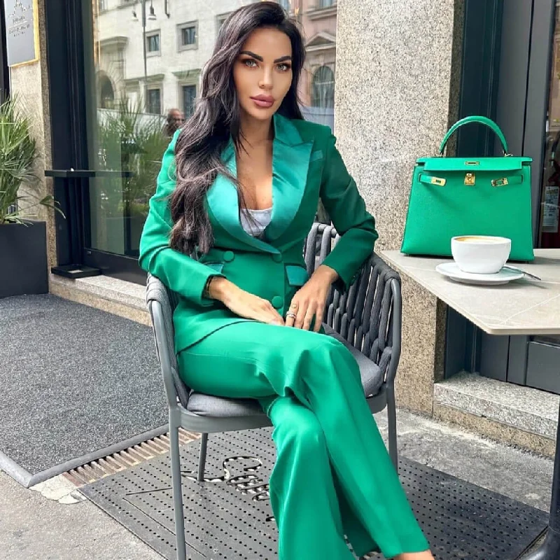 Trendy Flare Leg Suit Pant Satin Lapel Double Breasted Blazer Matching Set Women's Party Jacket