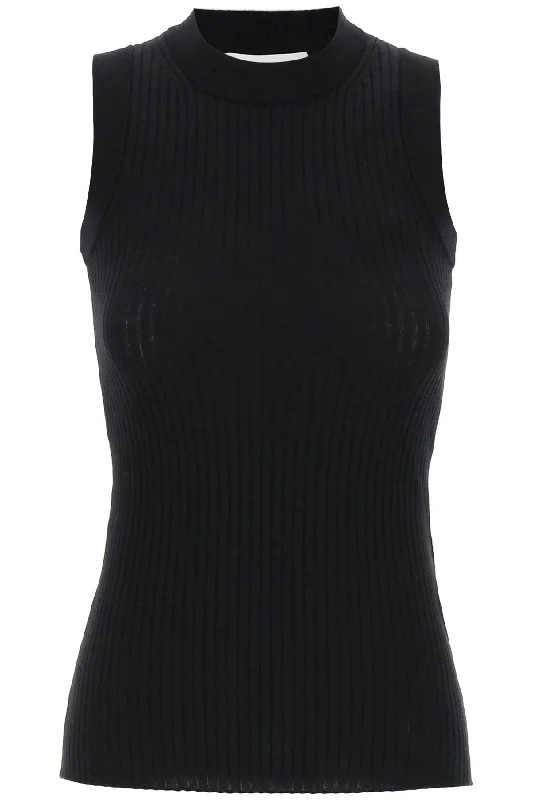 Sleeveless Ribbed Knit Top  - Black Affordable Knit Blouse