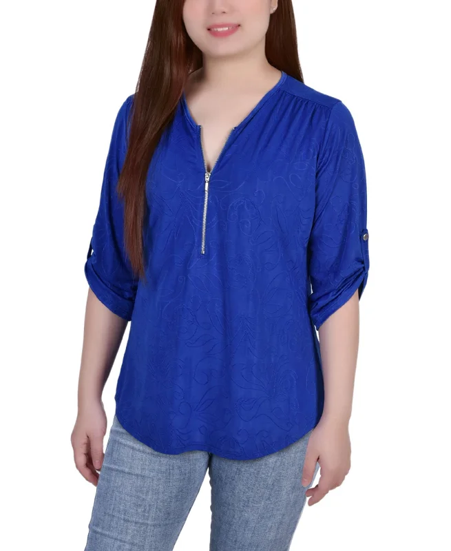 Petite 3/4 Roll Tab Zip Front Jacquard Knit Top Long Sleeve Knit Tee