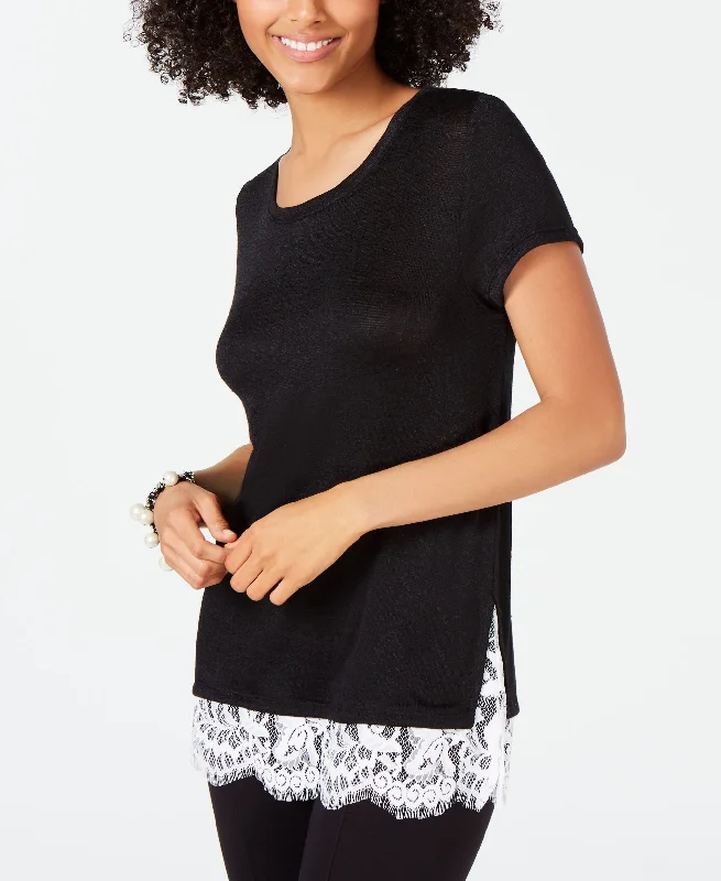 INC Short-Sleeve Lace-Trim Knit Top Chic Knit Top