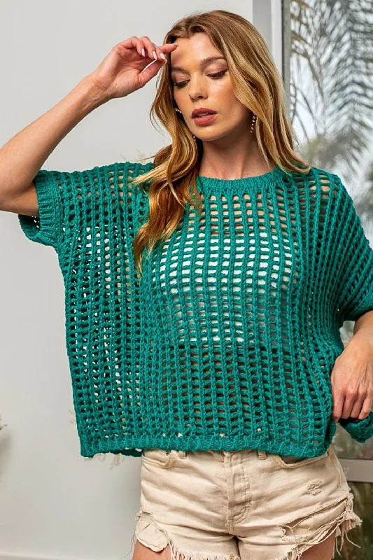 Open Knit Top - Jade Green Polka Dot Knit Top