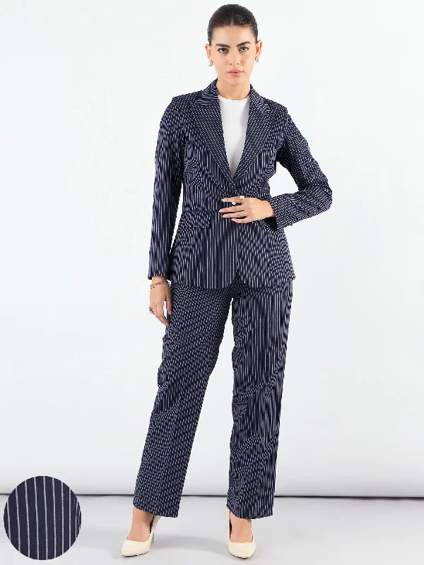 Blue-Striped Asymmetric Blazer With Tailored Elasticated Fit Trouser Women's Vintage Jacket