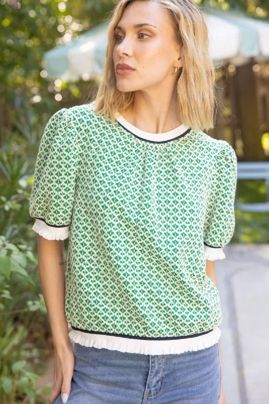 Striped Band Detailed Printed Knit Top Polka Dot Knit Top
