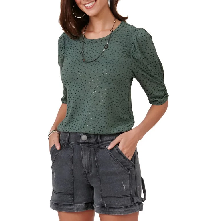 Democracy Womens Elbow Puff Sleeve Scoop Neck Knit Top Olive Green Knit Blouse