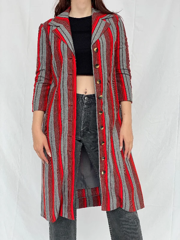 Y2K Red & Gray Striped Long Blazer - M Women's Long Blazer