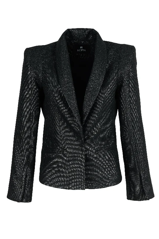 Shiny Black Blazer with Shoulder Pads Women's Trendy Jacket