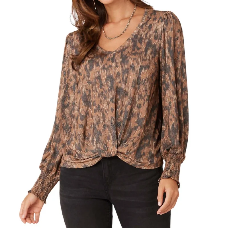 Long Blouson Sleeve V-Neck Twisted Hem Printed Knit Top In Camel Dark Color Knit Blouse