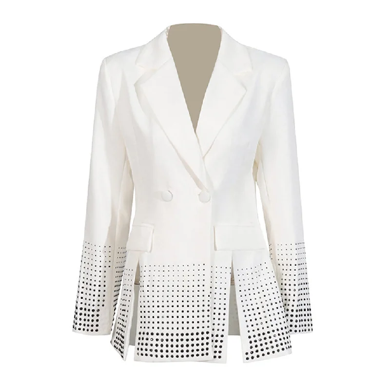 Preppy Lapel Shoulder Pad Tow Button Rhinestone Embellished Pleated Blazer Women's Luxury Jacket