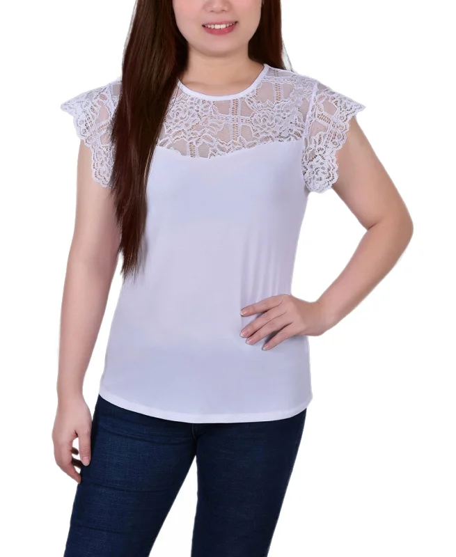 Petite Size Crepe Knit Top With Lace Flanged Sleeve Yoke Spring Knit Blouse