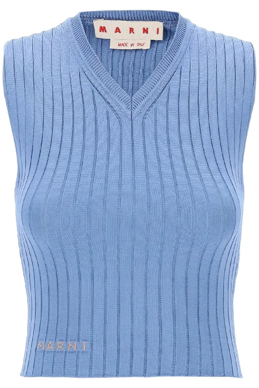 Sleeveless Ribbed Knit Top  - Light Blue Bohemian Knit Top