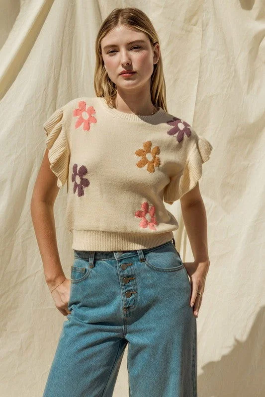 Gilli Round Neck Ruffle Sleeve Floral Graphic Knit Top Cotton Knit Shirt