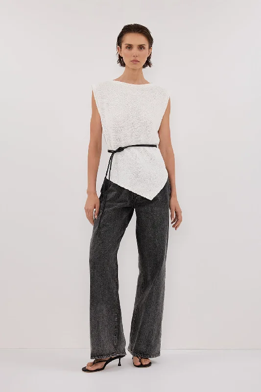 ALTHEA OFF WHITE ASYM KNIT TOP Navy Blue Knit Tee