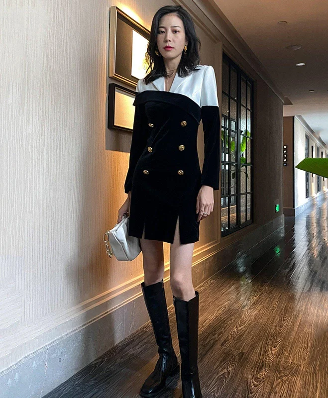 Colorblock Velvet Double Breasted Long Sleeve Blazer Dress Women's Vintage Suit