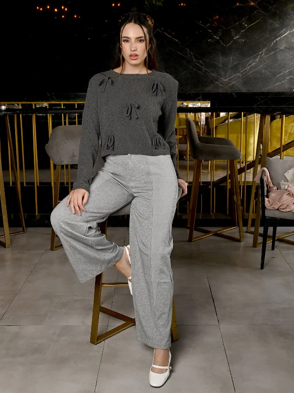 Odette Dark Grey Jersey Knit Top For Women Striped Knit Top