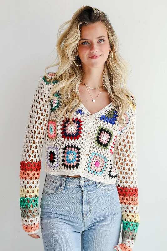 FINAL SALE - Vibrant Crush Ivory Crochet Knit Top Recycled Knit Tee