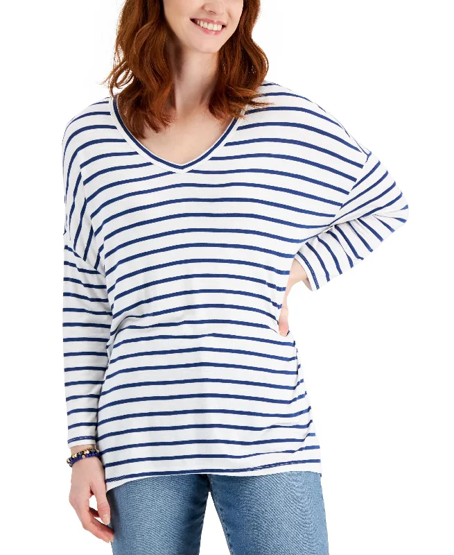 Style & Co Oversized Striped V Neck Knit Top Pastel Knit Top