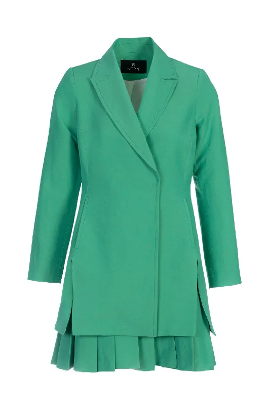 Long Green Linen Blazer with Pleats Women's Elegant Suit