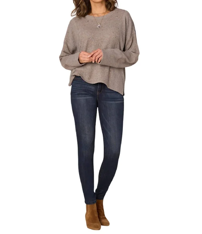 Long Straight Sleeve Scoop Neck Rhinestone Mixed Media Knit Top In Heather Putty Striped Knit Top