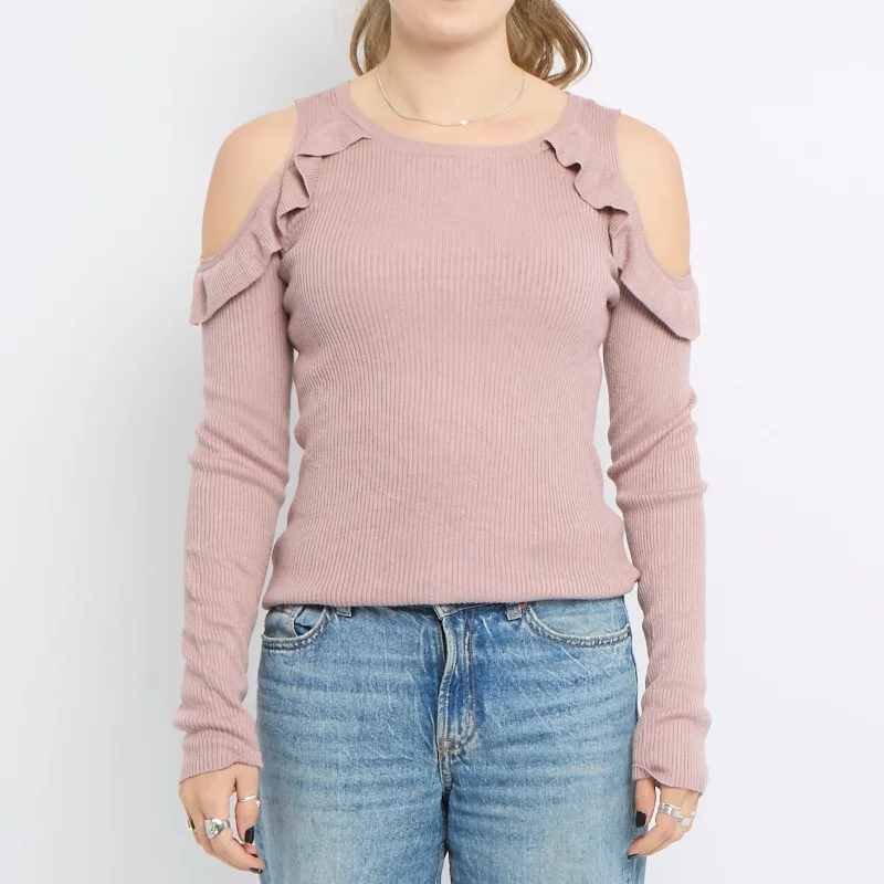 Long Sleeve Shoulderless Knit Top - UK 10 High Neck Knit Top