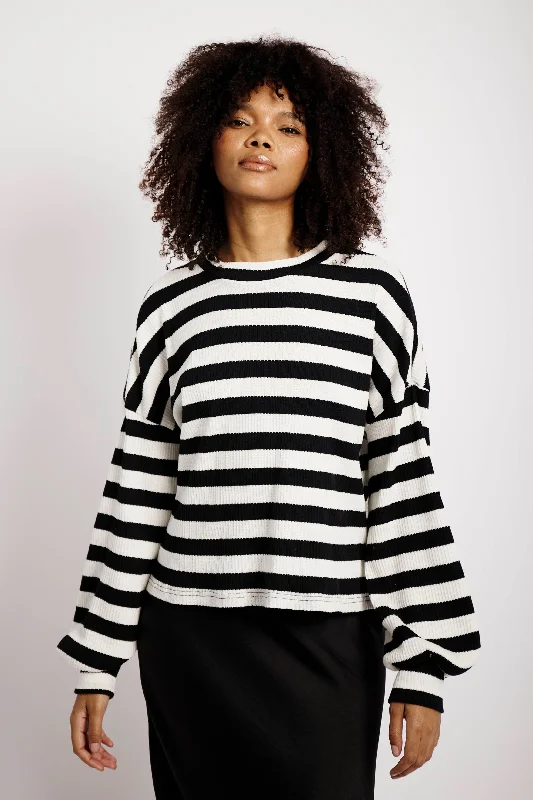 The Slouchy Rib Knit Top in Black and Cream Stripe Bamboo Knit Shirt