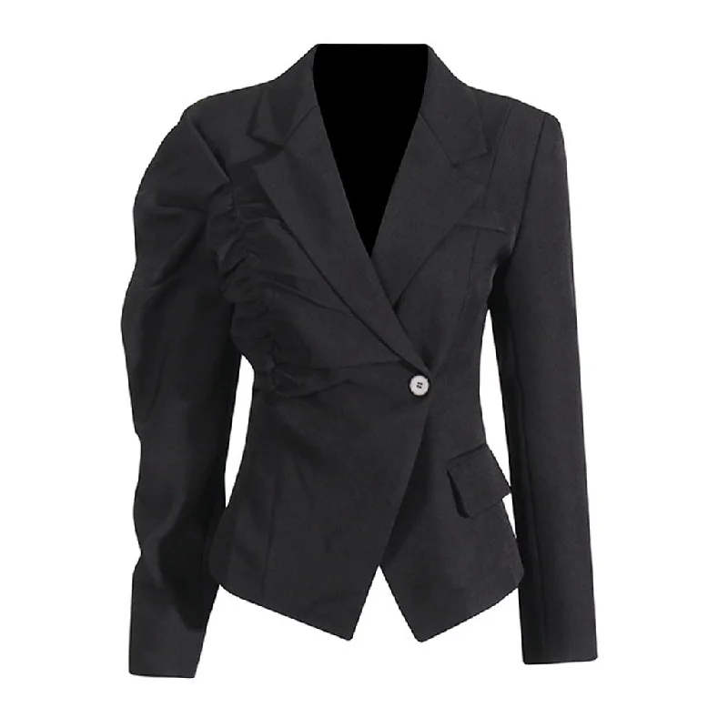 Offbeat Lapel Ruched Puff Sleeve One Button Cutaway Tailored Blazer Women's Designer Suit