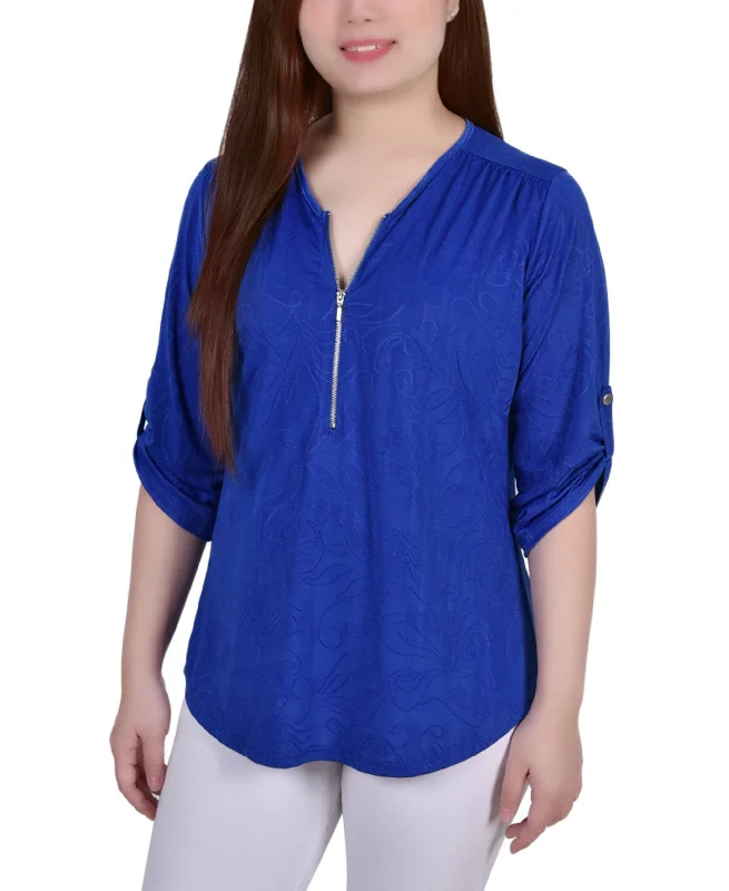 Petite 3/4 Roll Tab Zip Front Jacquard Knit Top Silver Knit Shirt