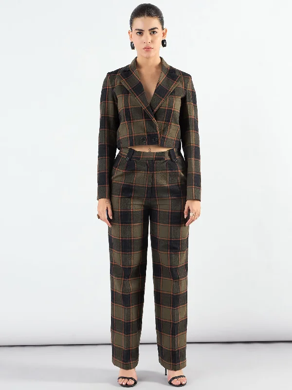 Notched Lapel Checkered Warm Crop Blazer With Trouser Women's Premium Blazer