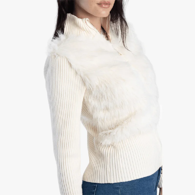 Sissy Boy Faux Fur Zip Ribbed Knit Top Cream Minimalist Knit Blouse