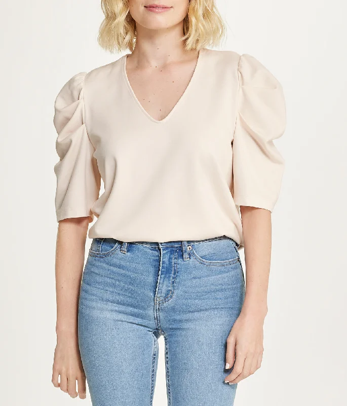 Pleat Sleeve V-neck Serenity Knit Top Fashion Knit Shirt