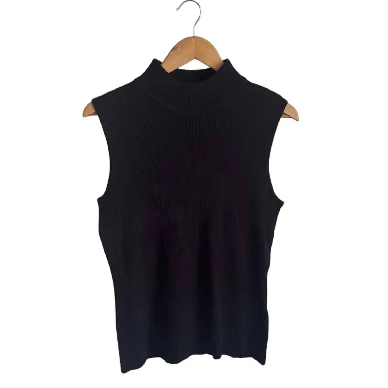 Women's Ribbed Sleeveless Mock Neck Knit Top In Black Gold Knit Top