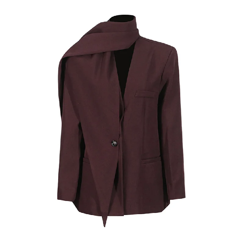 Elegant Draped Scarf One Button Padded Long Sleeve Oversized Blazer Women's Adventure Blazer